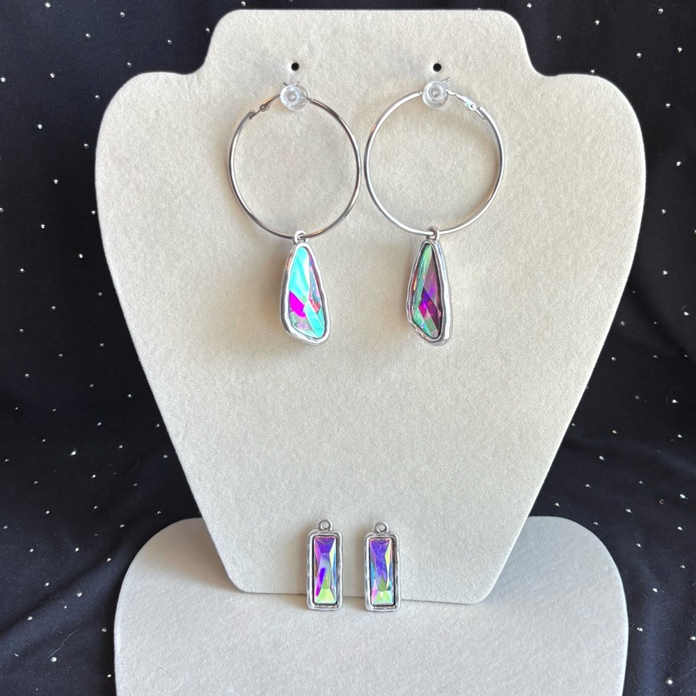 Iridescent Crystal Drop Hoop Earrings - With Interchangeable Charms